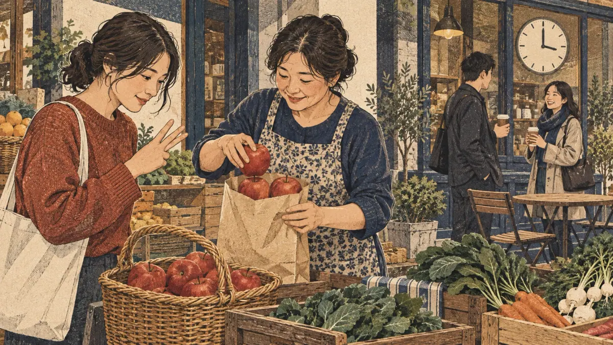 A learner counts three apples at a Seoul produce stall while cafe visitors meet nearby.