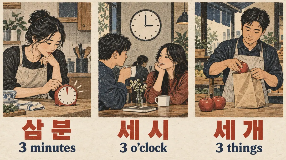 Three situations labelled 삼 분, 세 시 and 세 개: minutes, clock hours and objects.