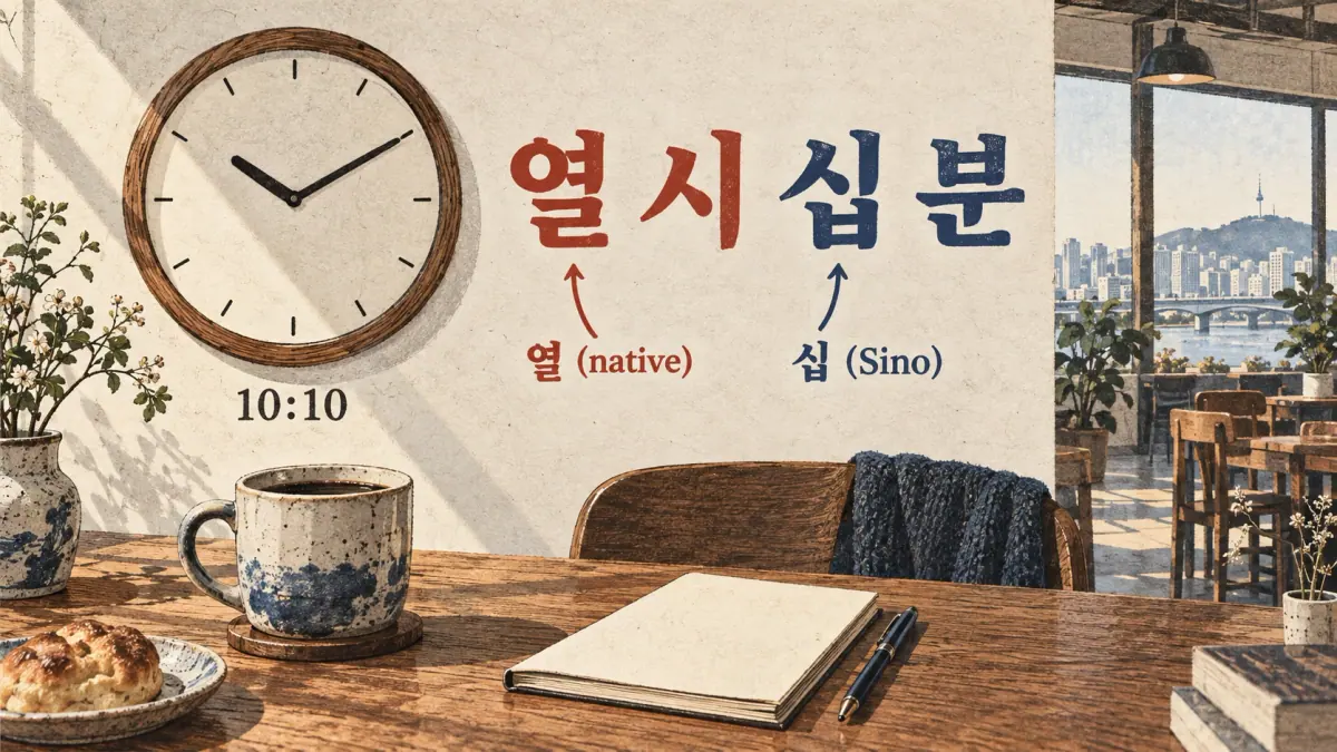 A 10:10 clock with 열 시 십 분, 열 (native) and 십 (Sino) showing the two number systems.