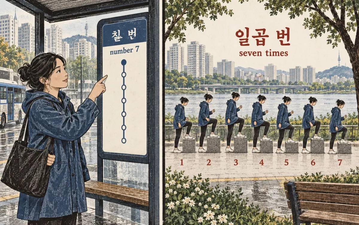Teaching print showing 칠 번, 일곱 번.