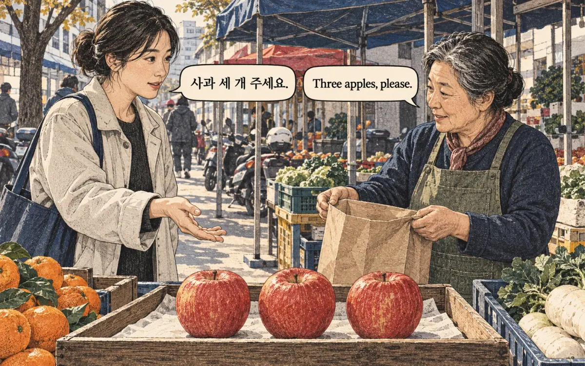 Teaching print showing 사과 세 개 주세요..
