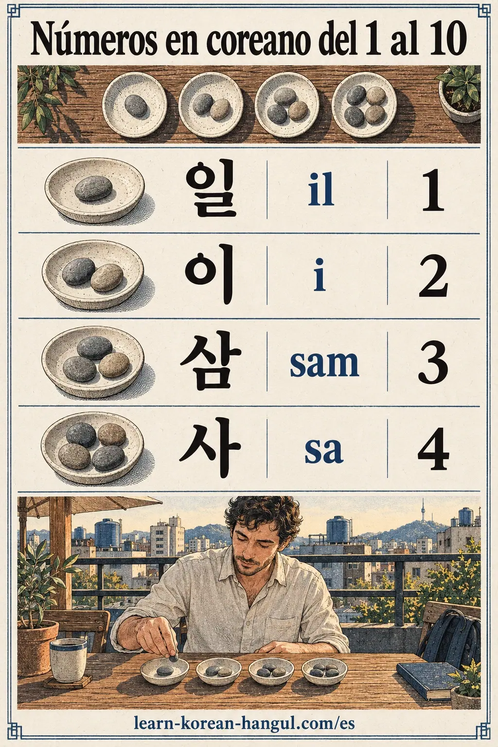 Ilustración didáctica con 일, 이, 삼, 사, il, i, sam, sa.