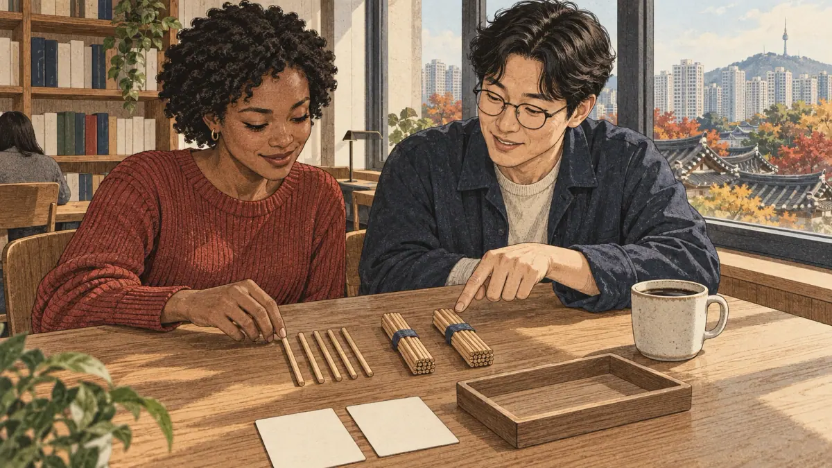 An adult learner practises tens and ones with bundled counting sticks in a Seoul study café.