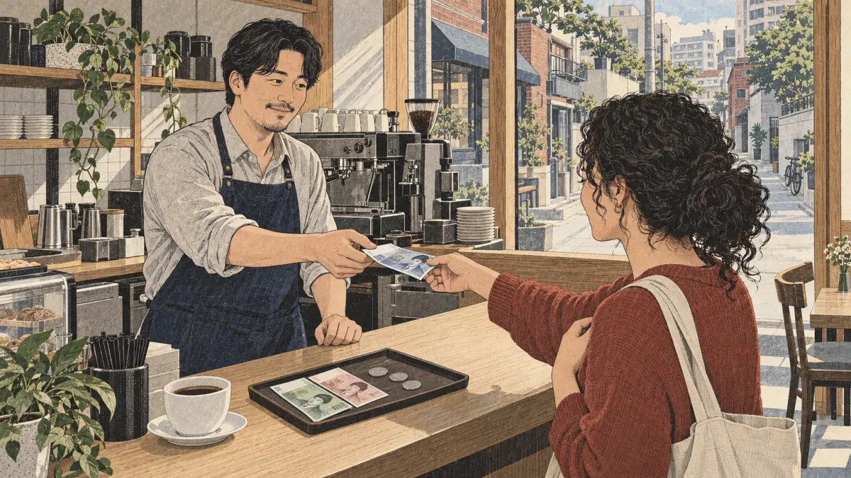 A learner pays with Korean won at a Seoul café counter.