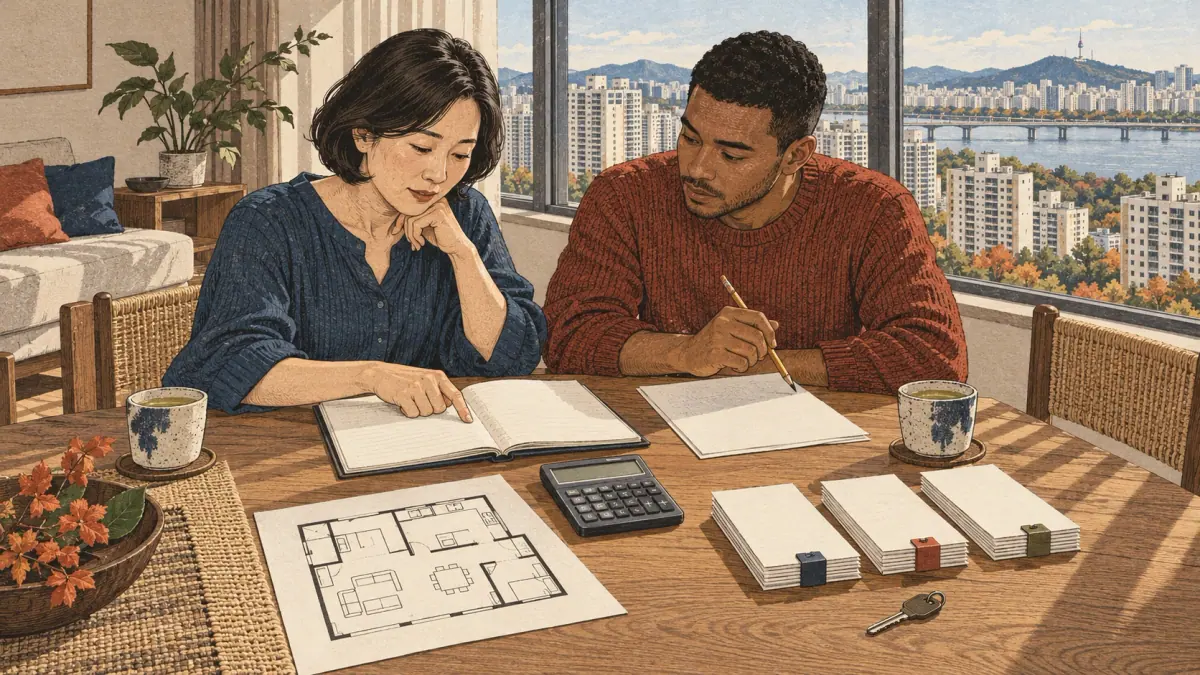 Two adults work through an apartment budget overlooking Seoul apartment towers.