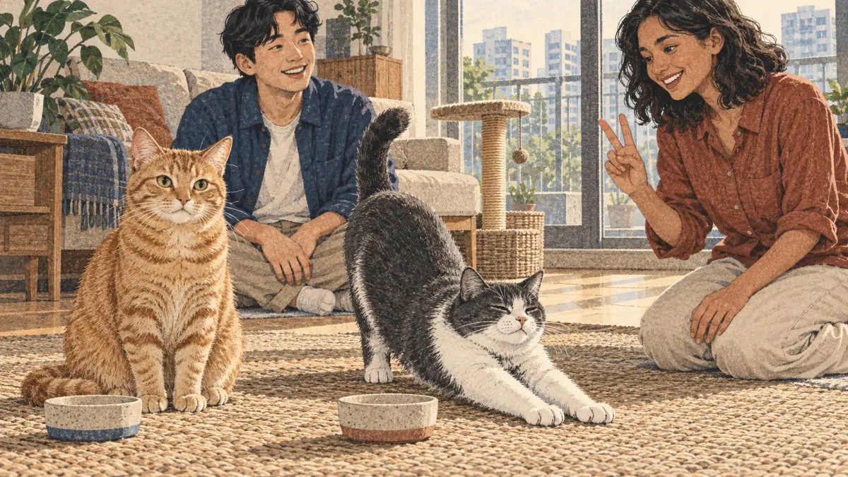 A learner counts two cats beside their owner in a Seoul apartment.