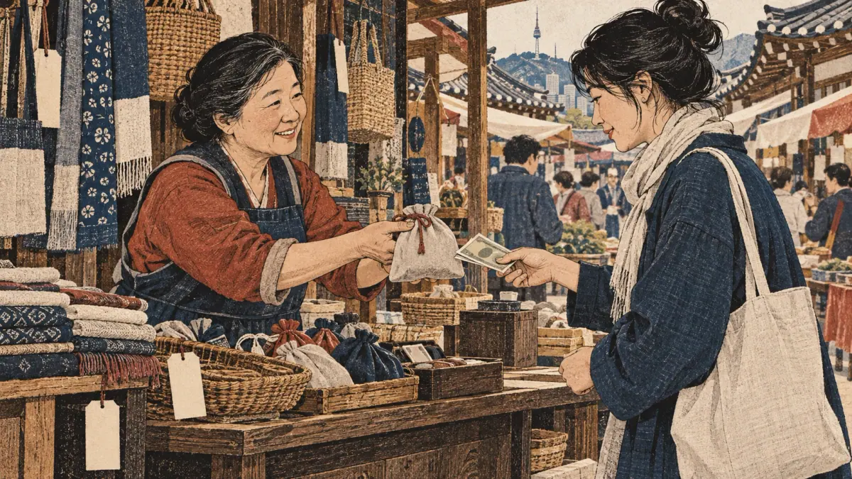 A learner pays a Korean market vendor with cash at a wooden stall.