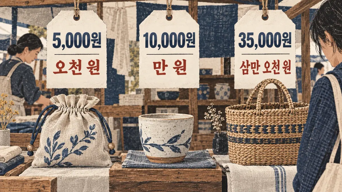 Price tags pair 5,000원 with 오천 원, 10,000원 with 만 원, and 35,000원 with 삼만 오천 원.