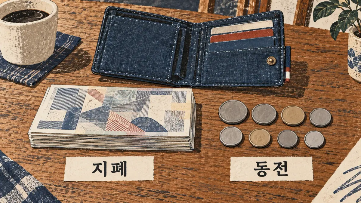 An open wallet separates banknotes labelled 지폐 from coins labelled 동전.