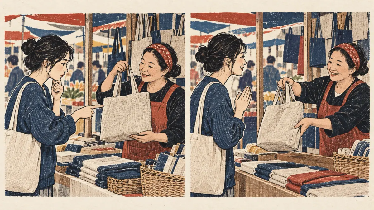 A learner asks about a linen bag and negotiates politely with a market vendor.