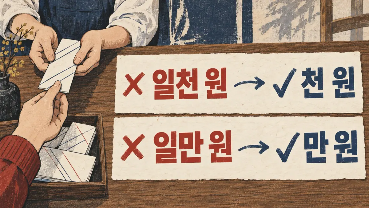 Corrections show 일천 원 becoming 천 원 and 일만 원 becoming 만 원.