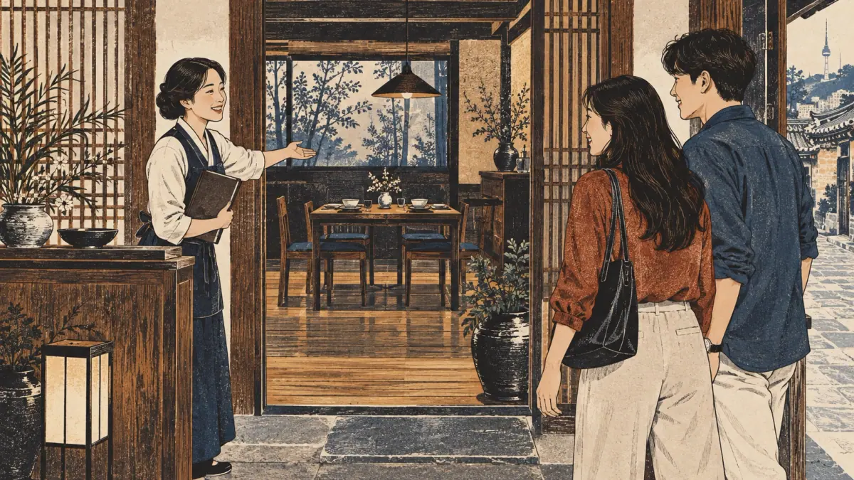 Two friends arrive at a Seoul restaurant as a host welcomes them to a table for two.