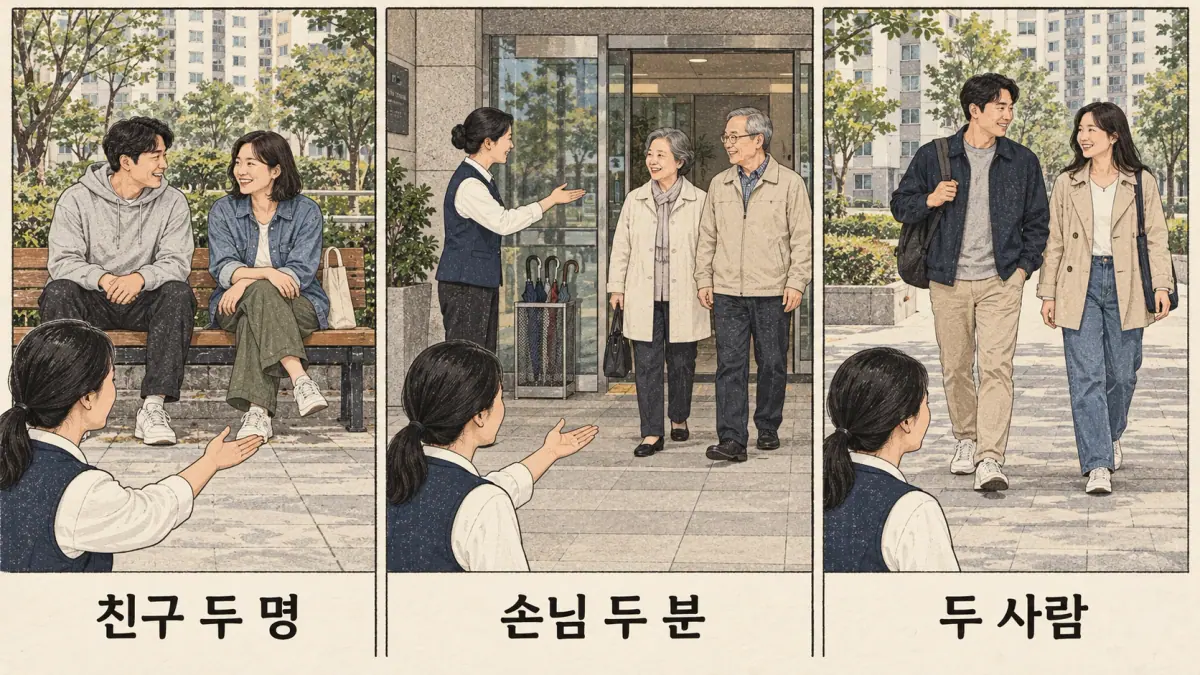 Two-person groups illustrate 친구 두 명, 손님 두 분 and 두 사람.