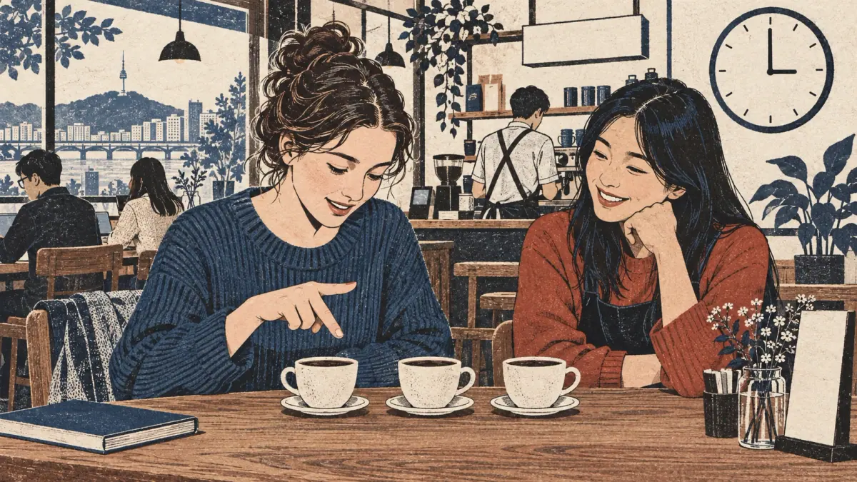 Adult learners count coffee cups in a Seoul café.