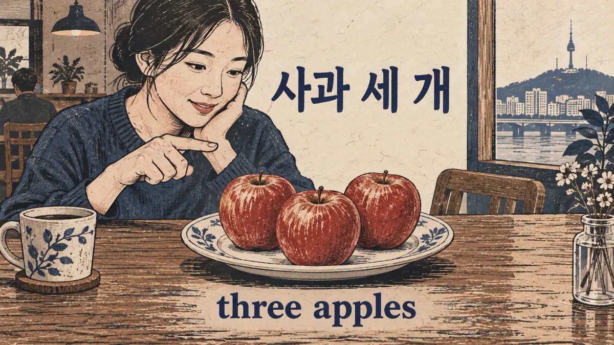 Three apples on a plate, labelled 사과 세 개 (three apples).