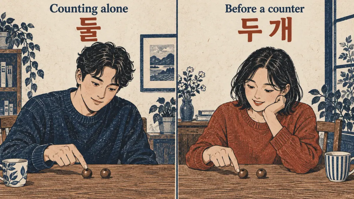 Two beads illustrate 둘 alone and 두 개 before a counter.