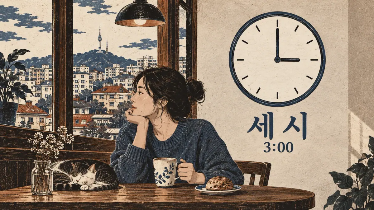 An analog clock at 3:00 is labelled 세 시.