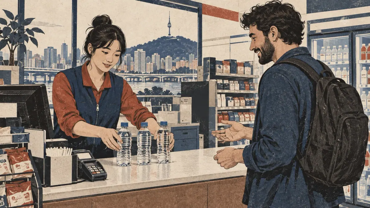 A learner requests three water bottles from a Korean convenience-store clerk.