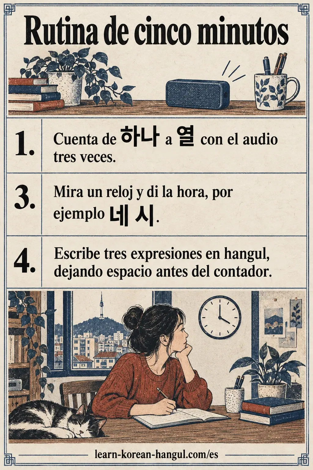 Pasos de práctica con 하나, 열 y 네 시; una persona mira un reloj que marca las cuatro.