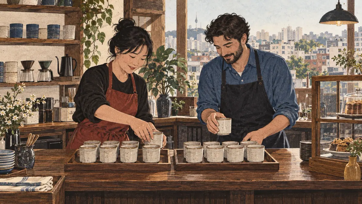 Learners and a Korean café proprietor count cups arranged in groups on a wooden counter.