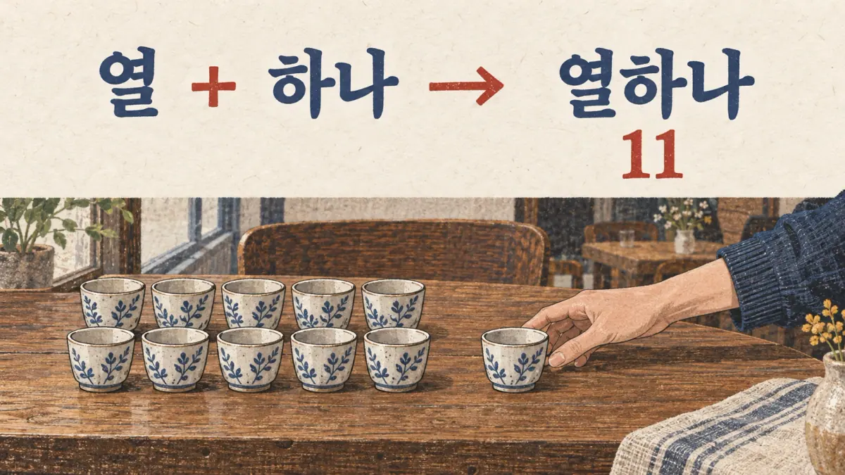 Ten cups plus one cup illustrate 열 + 하나 → 열하나, meaning 11.