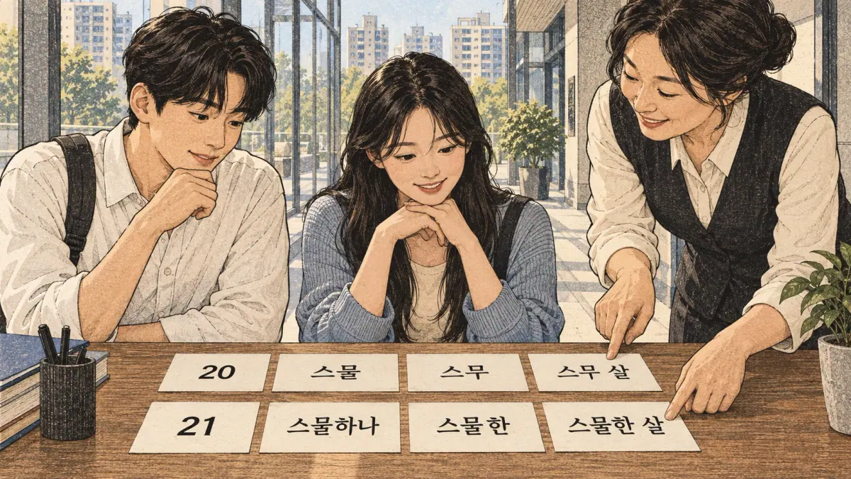 20: 스물, 스무, 스무 살; 21: 스물하나, 스물한, 스물한 살.