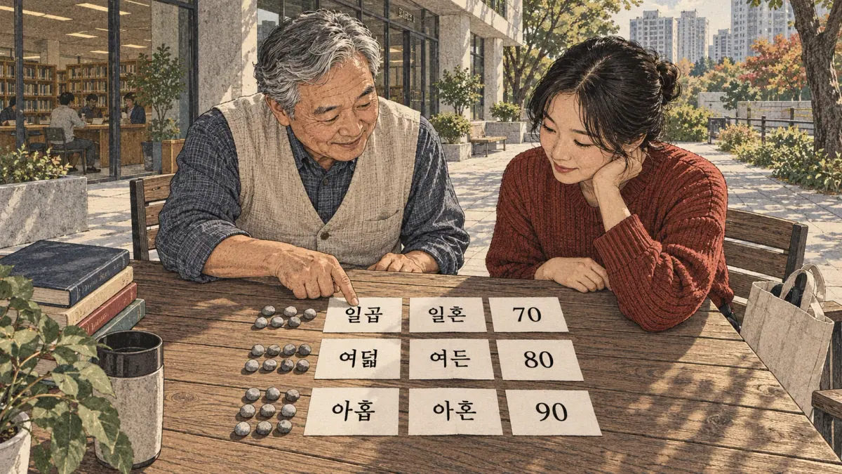 Pairs 일곱–일흔, 여덟–여든 and 아홉–아흔 connect seven, eight and nine to the high tens.