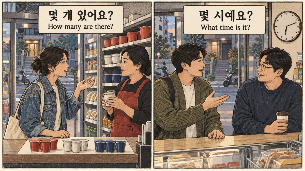 몇 개 있어요? asks quantity; 몇 시예요? asks the time.