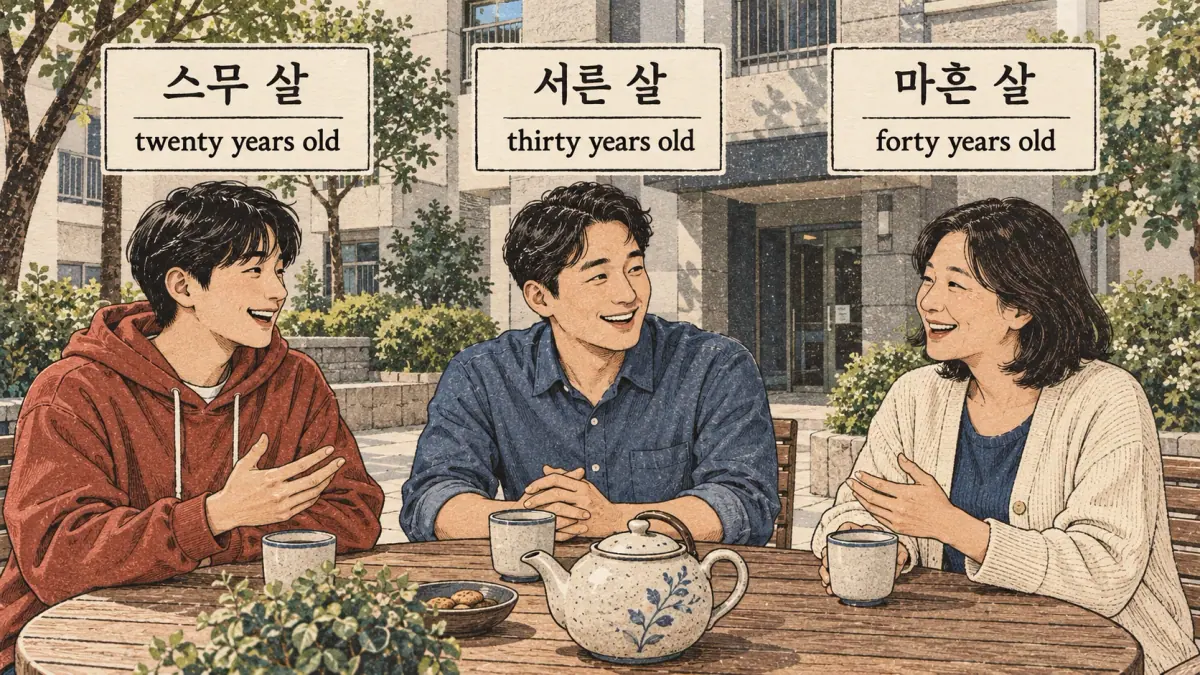 스무 살, 서른 살 and 마흔 살 label adults aged twenty, thirty and forty.