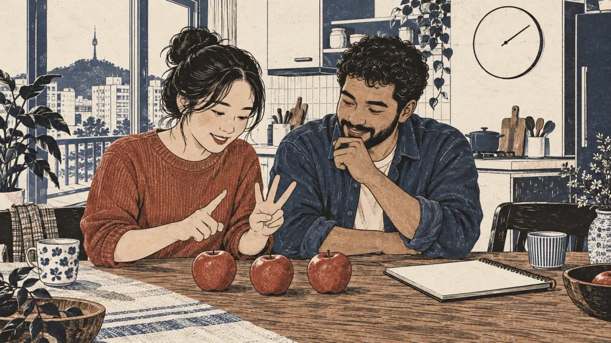 Two adult learners count three apples at a Seoul kitchen table.