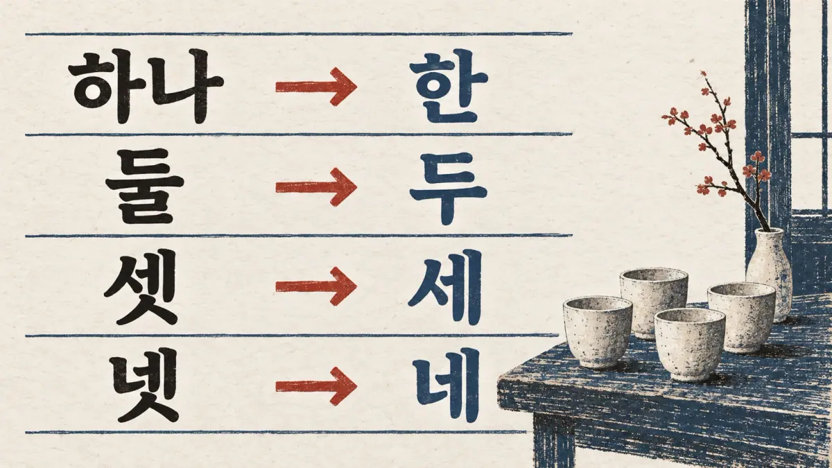 Counter forms: 하나 to 한, 둘 to 두, 셋 to 세, 넷 to 네.