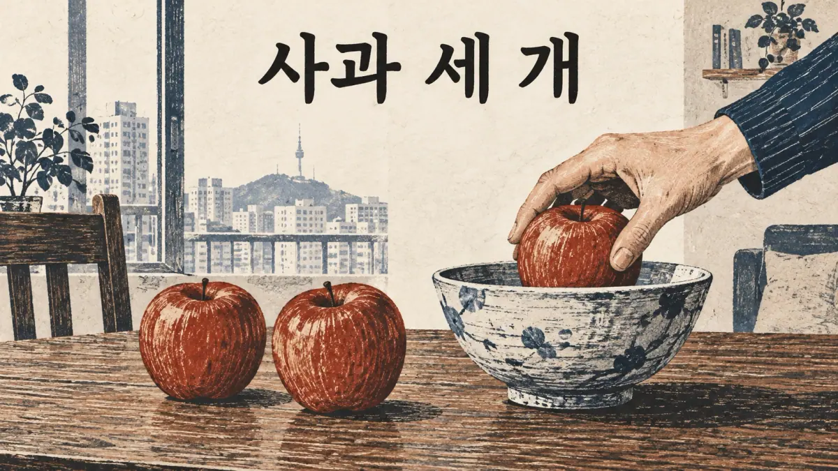 Three apples labelled 사과 세 개, demonstrating noun, number and counter.