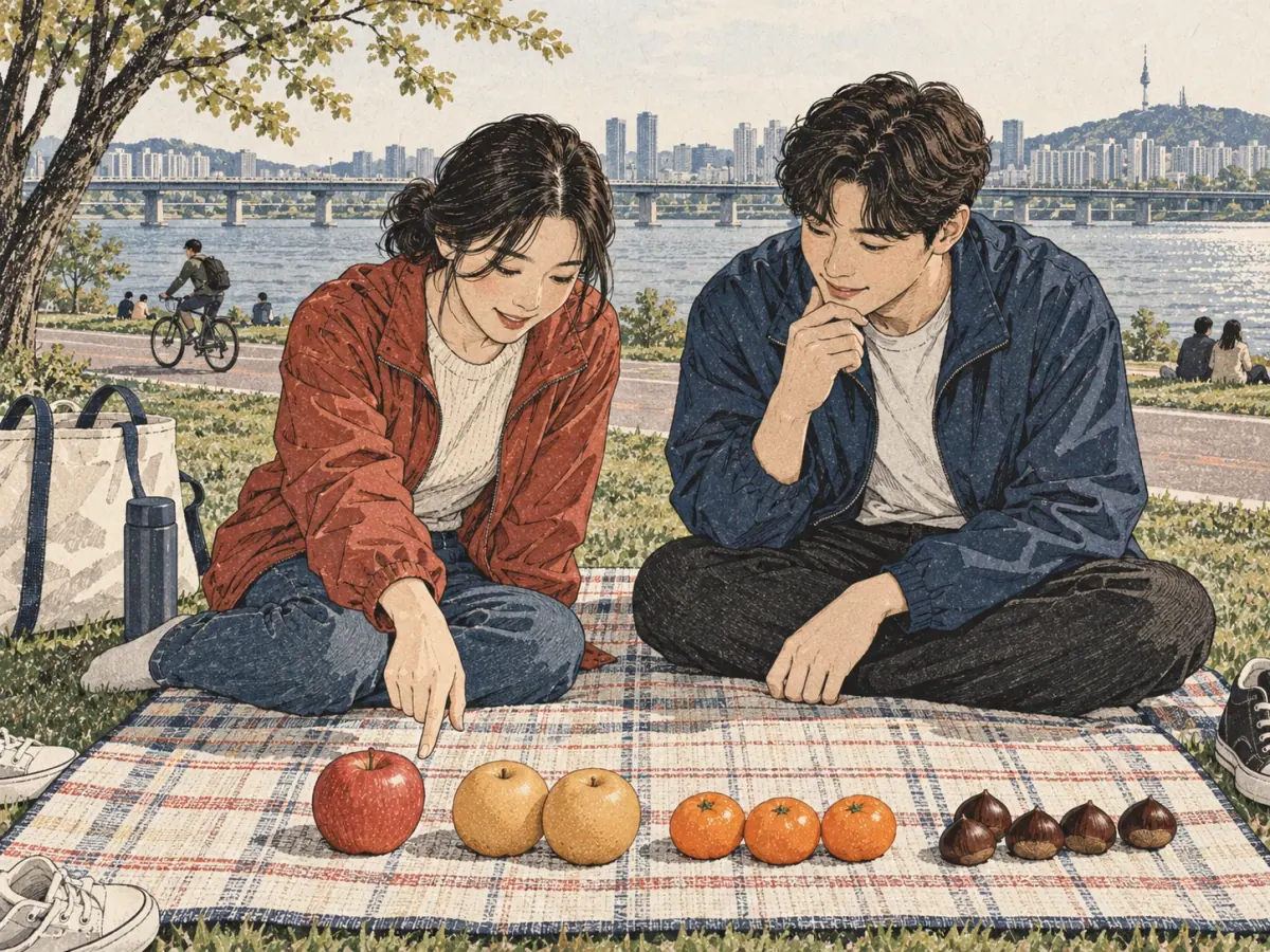 Make a worked counting practice scene: four distinct groups contain one apple, two pears, three mandarins and four chestnuts. The learner points .