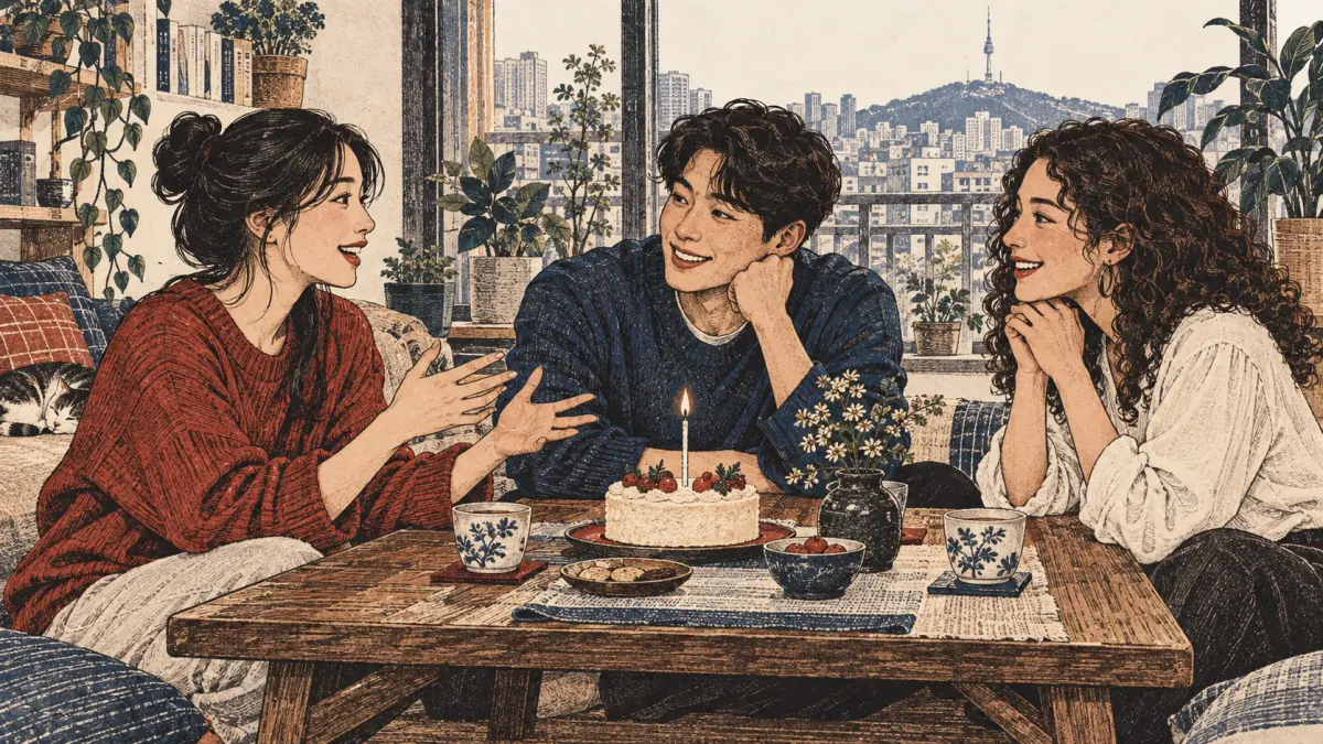 Adult friends share birthday tea in a Seoul apartment.