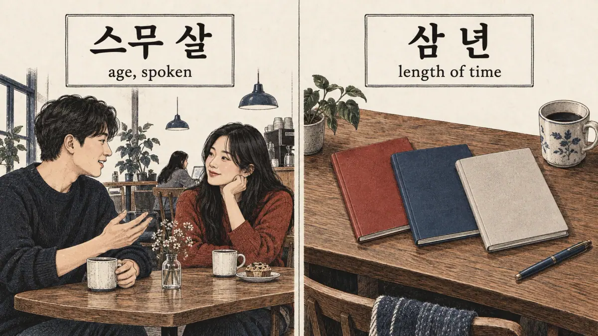 Café conversation labelled 스무 살 beside three notebooks labelled 삼 년, comparing age and duration.