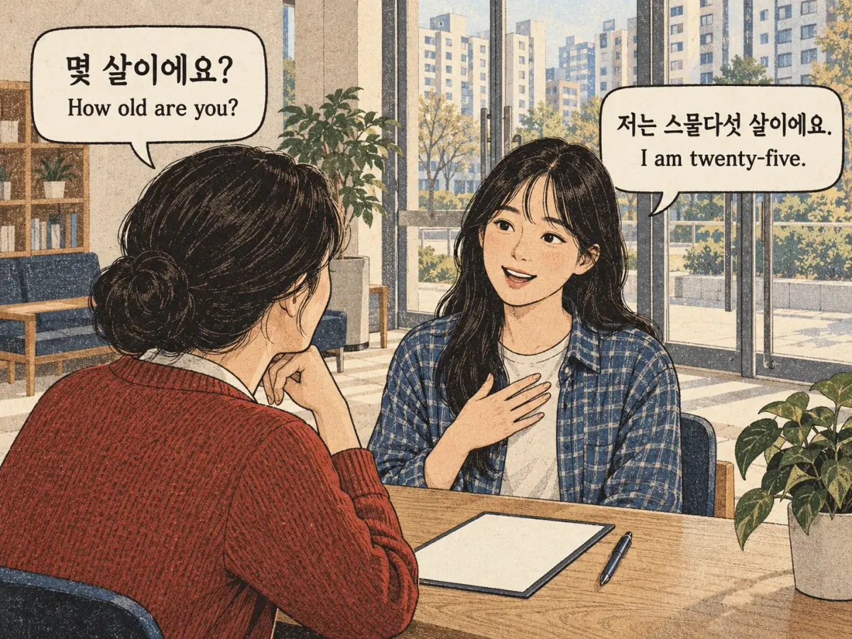 Labelled teaching scene: 몇 살이에요?; 저는 스물다섯 살이에요..