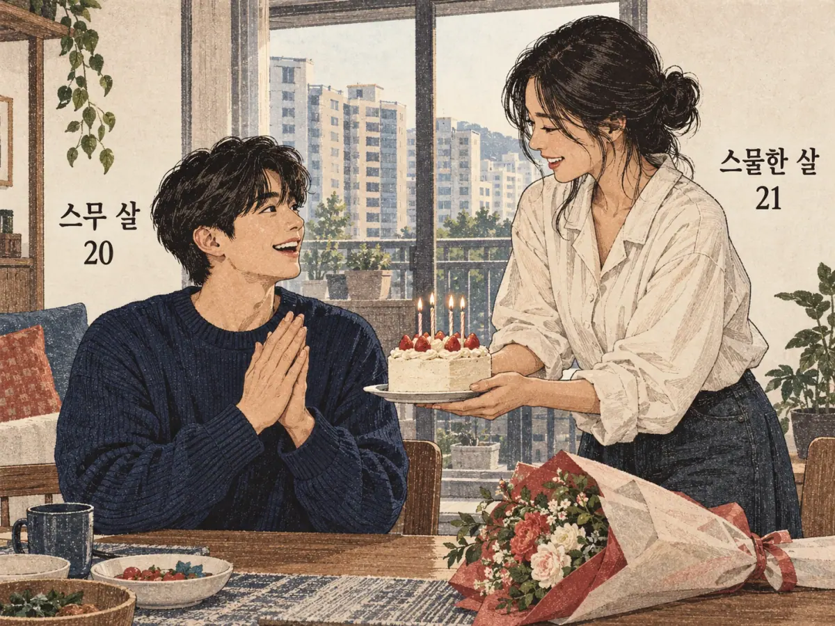 Labelled teaching scene: 스무 살; 스물한 살.
