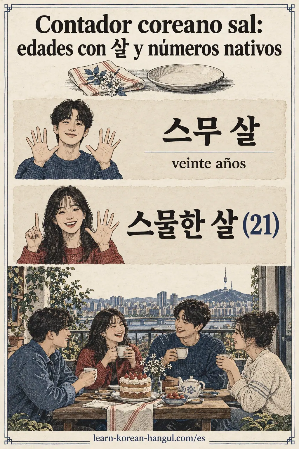 Tarjetas de edad con 스무 살 y 스물한 살 (21), sobre amigos que comparten una merienda de cumpleaños.