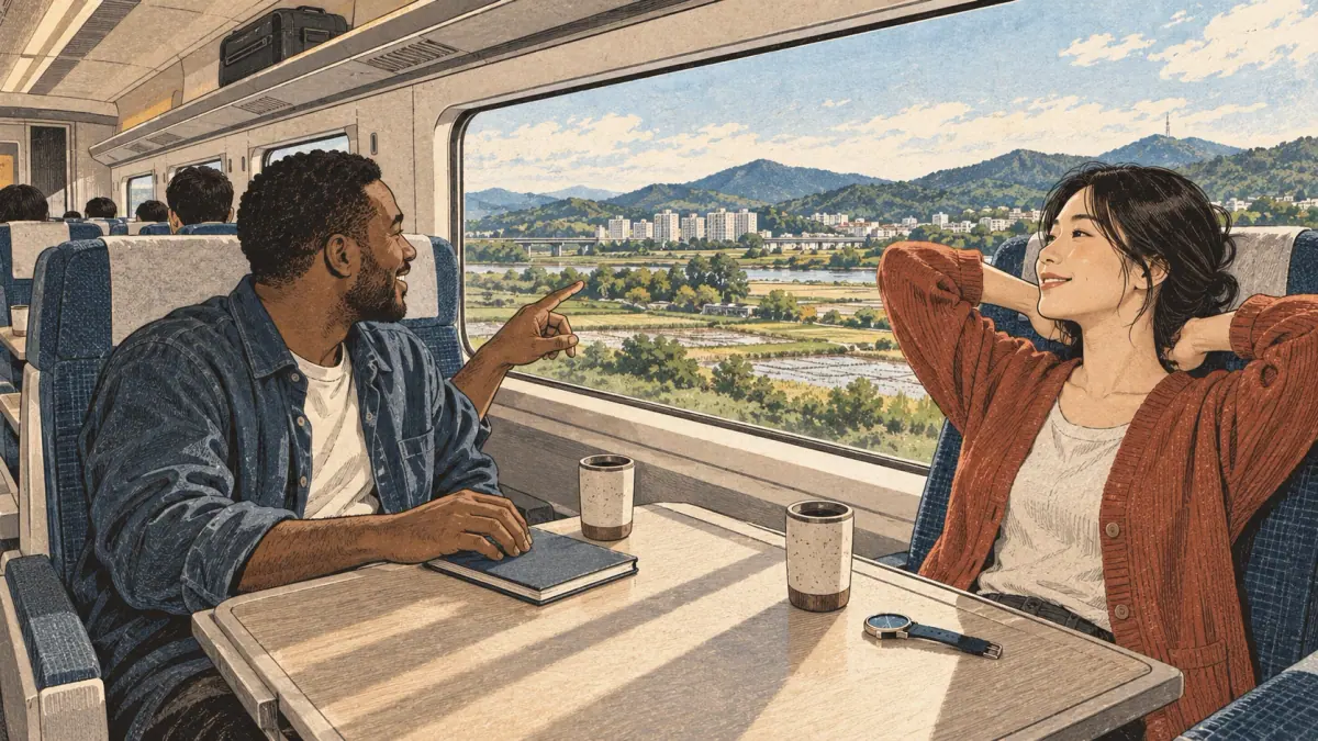 Two travelers relax during a long high-speed train journey through Korea.