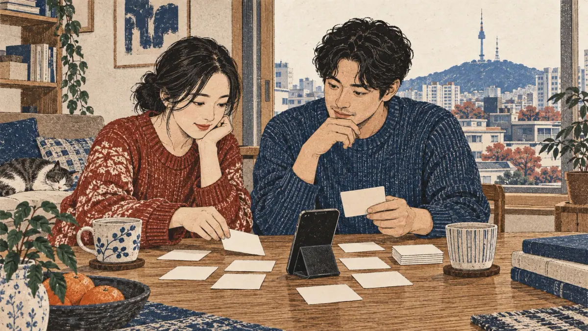 Two adult learners study number cards at a Korean apartment table overlooking Seoul.