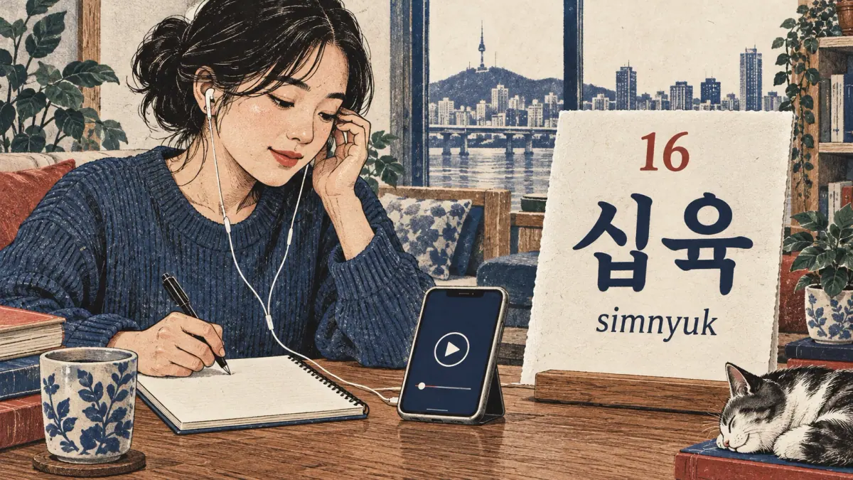 A learner listens beside a card showing 십육 (simnyuk), 16.