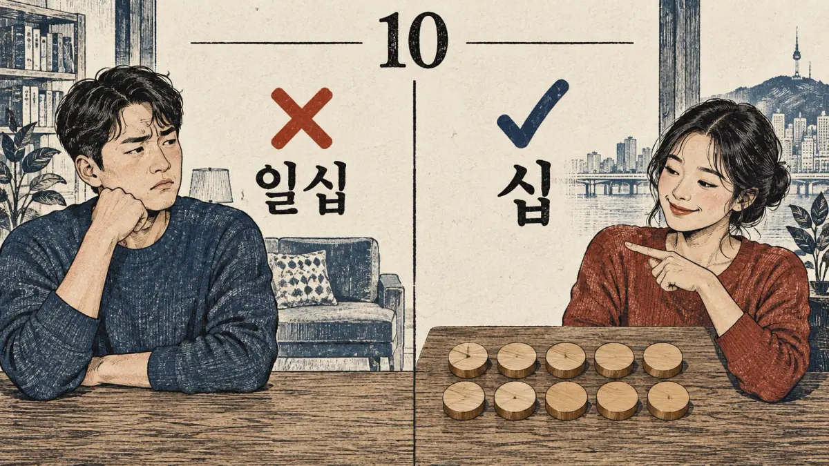 Learners compare incorrect 일십 with correct 십 for 10 beside ten wooden tokens.
