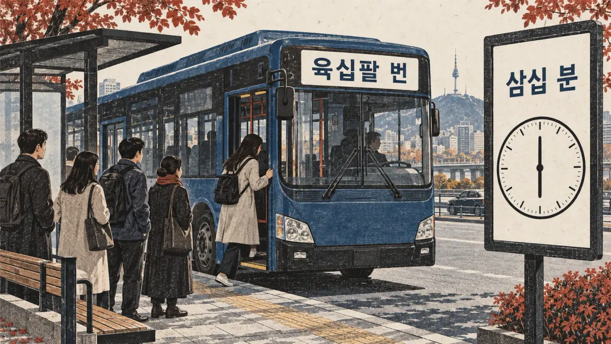 A Seoul bus labelled 육십팔 번 and a duration card 삼십 분 show route 68 and 30 minutes.