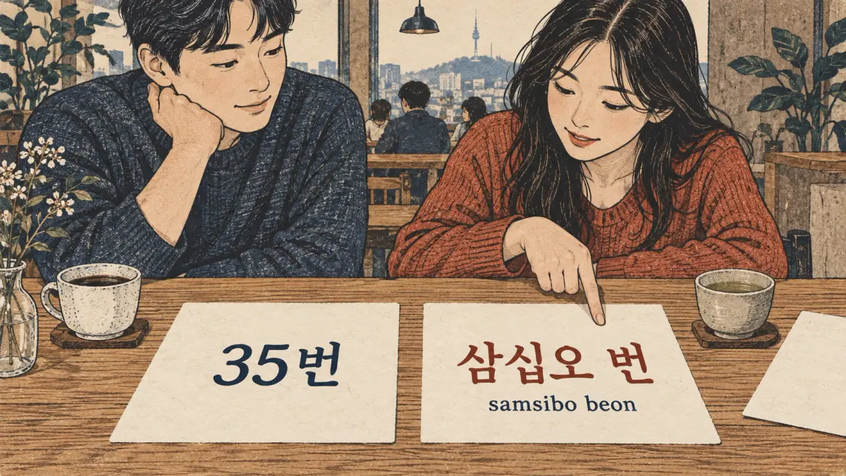 Learners compare 35번 with 삼십오 번 (samsibo beon) on two paper cards.