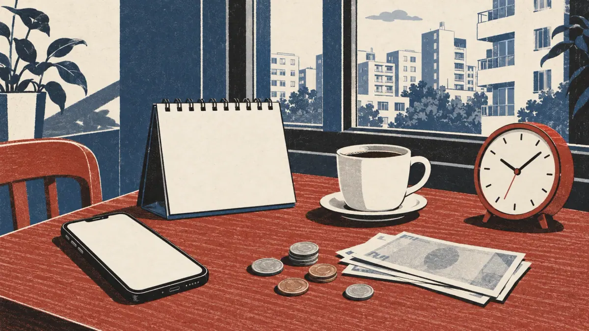 A Seoul café table with a calendar, phone, money and clock shows everyday uses of Korean numbers.