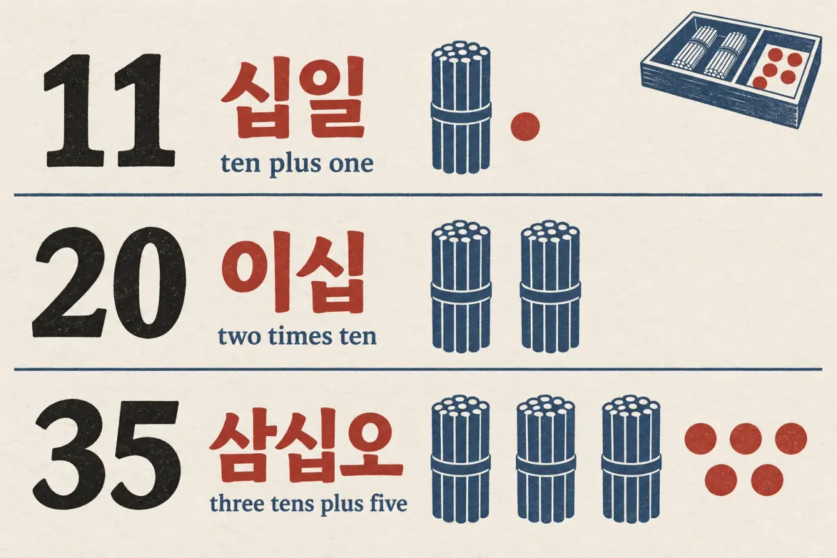 Three worked examples show 십일 (11), 이십 (20) and 삼십오 (35) as bundles of ten and extra units.