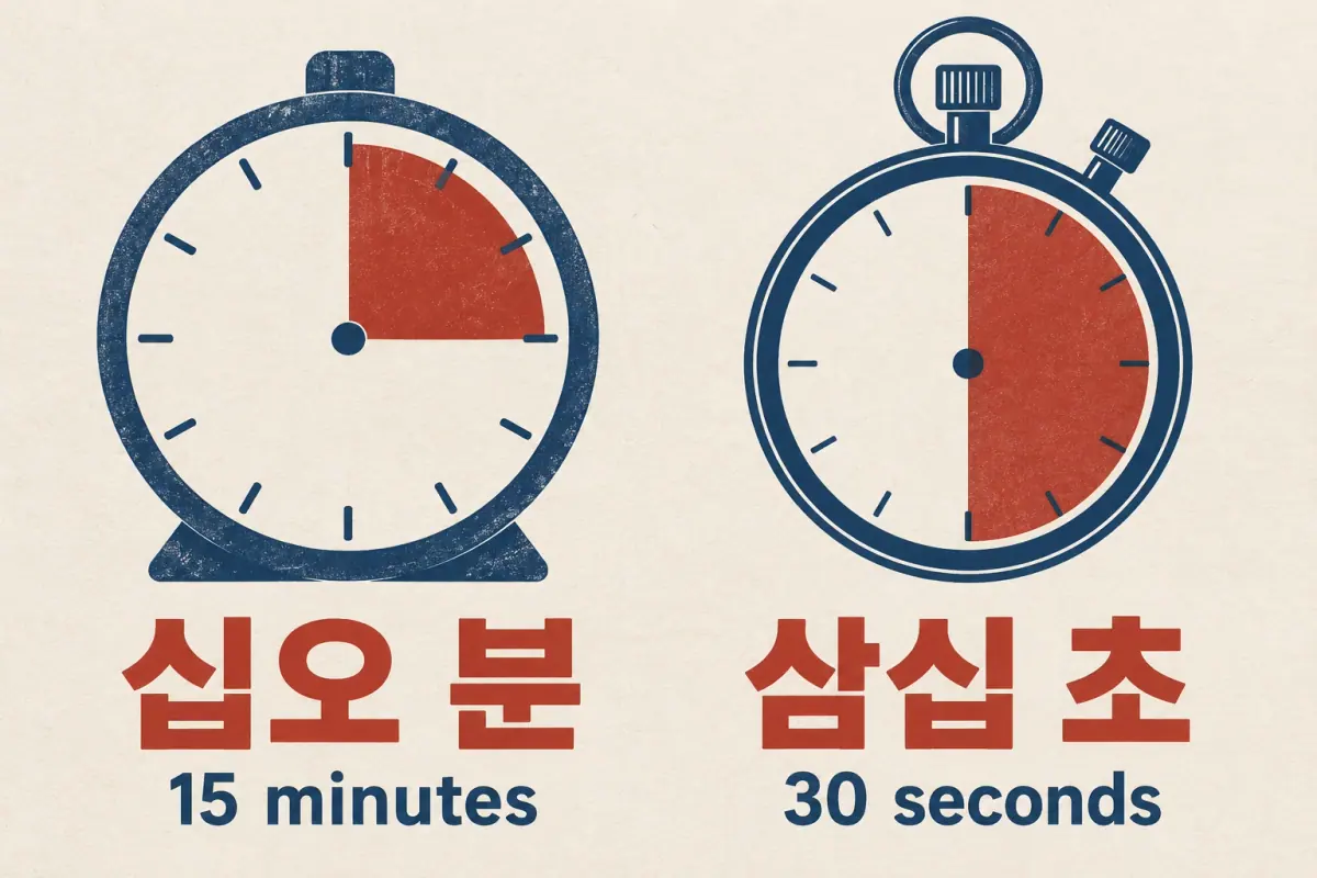 Timers labelled 십오 분, 15 minutes, and 삼십 초, 30 seconds, show Sino-Korean time measurements.