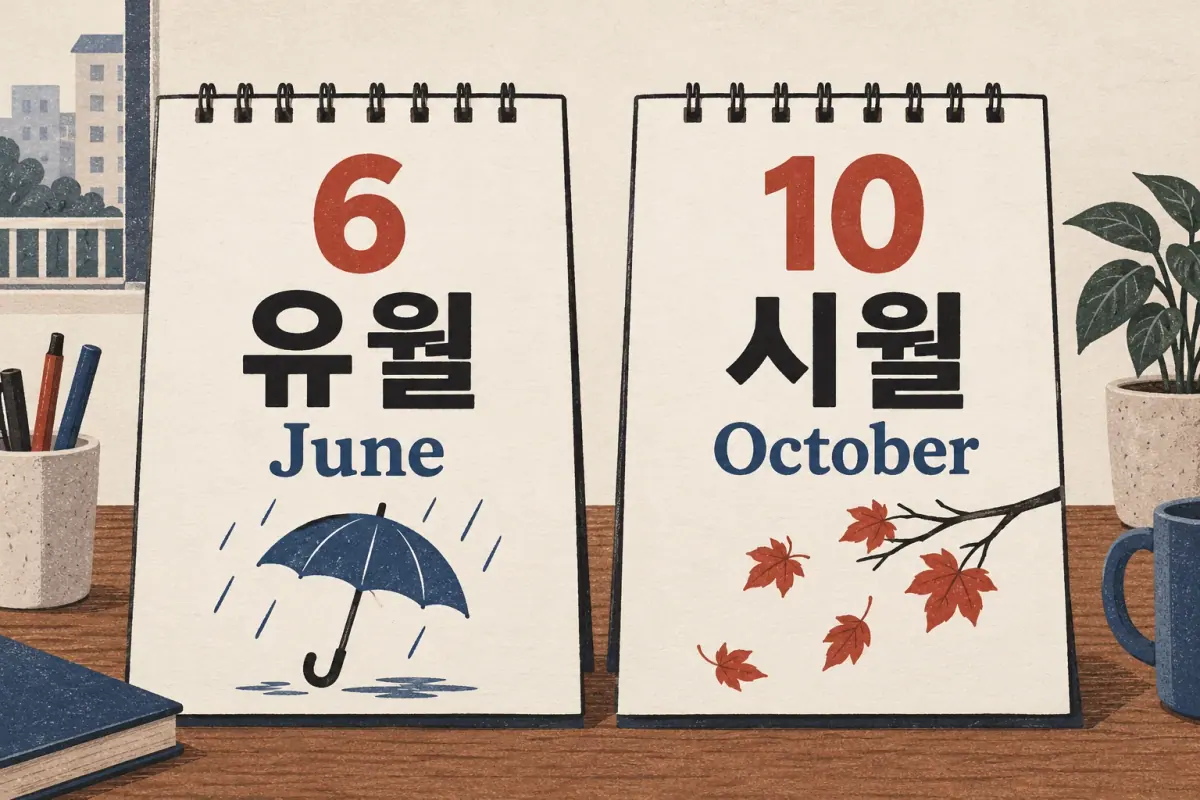Two calendars label June as 유월 and October as 시월, with rain and autumn leaves as memory cues.