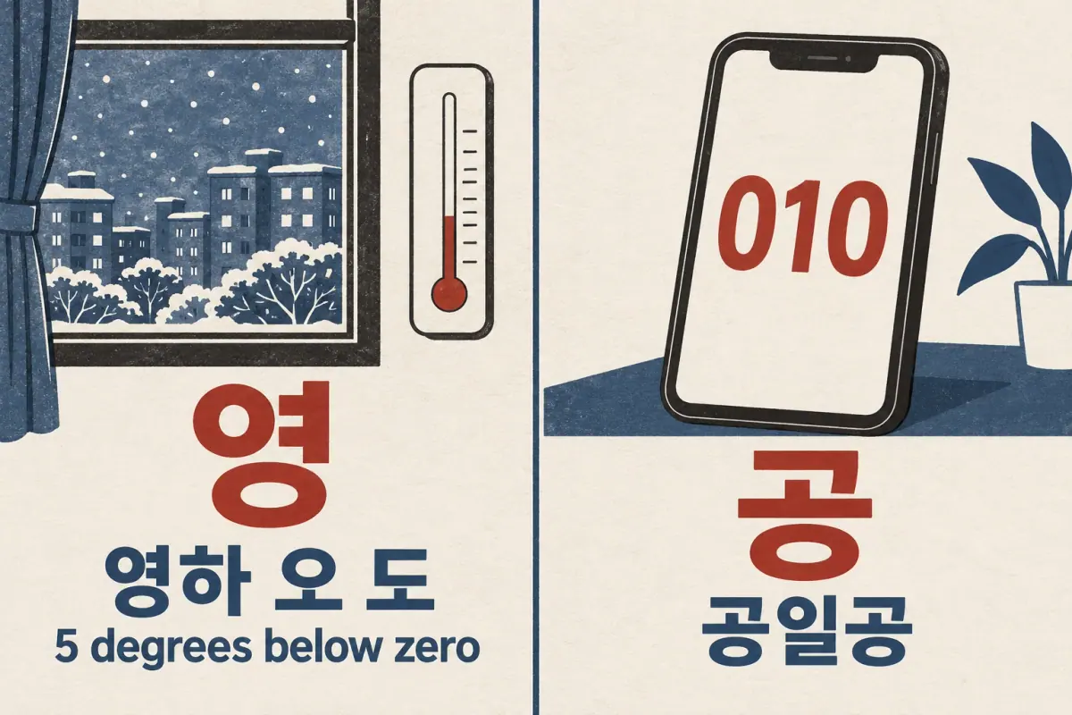 A thermometer labelled 영 and 영하 오 도 contrasts with a phone showing 010, 공 and 공일공.