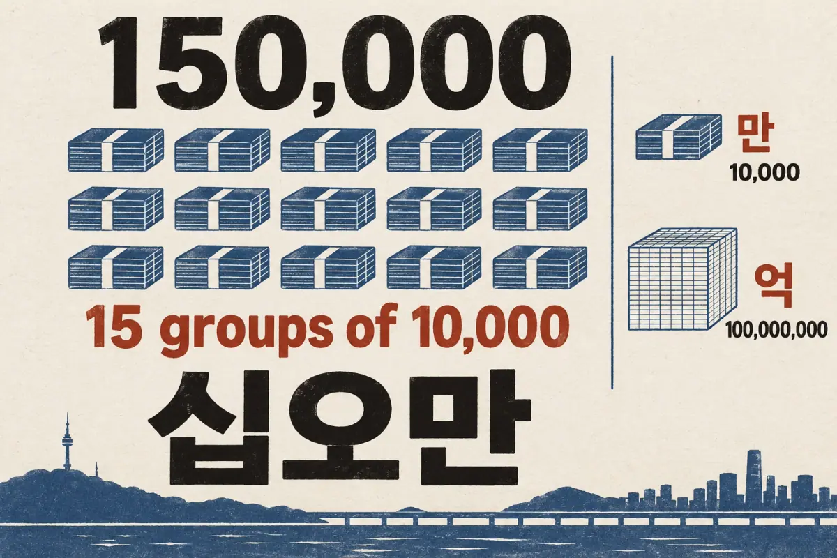 Fifteen bundles illustrate 150,000 as 십오만, with unit labels 만 (10,000) and 억 (100,000,000).